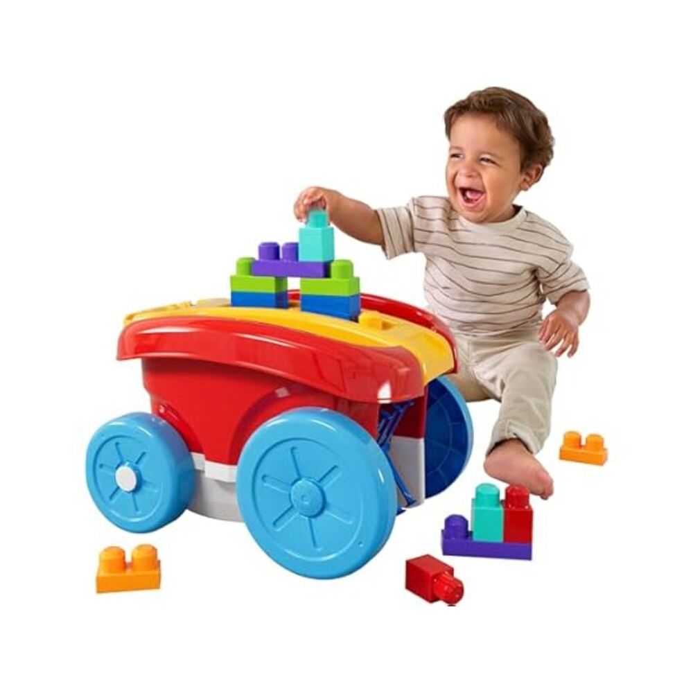 MEGA BLOKS First Builders Toddler Building Toy, Block Scooping Pull Wagon with 2